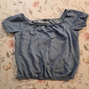 Express Chambray Off Shoulder Peasant Top Medium Blue Elastic Hem